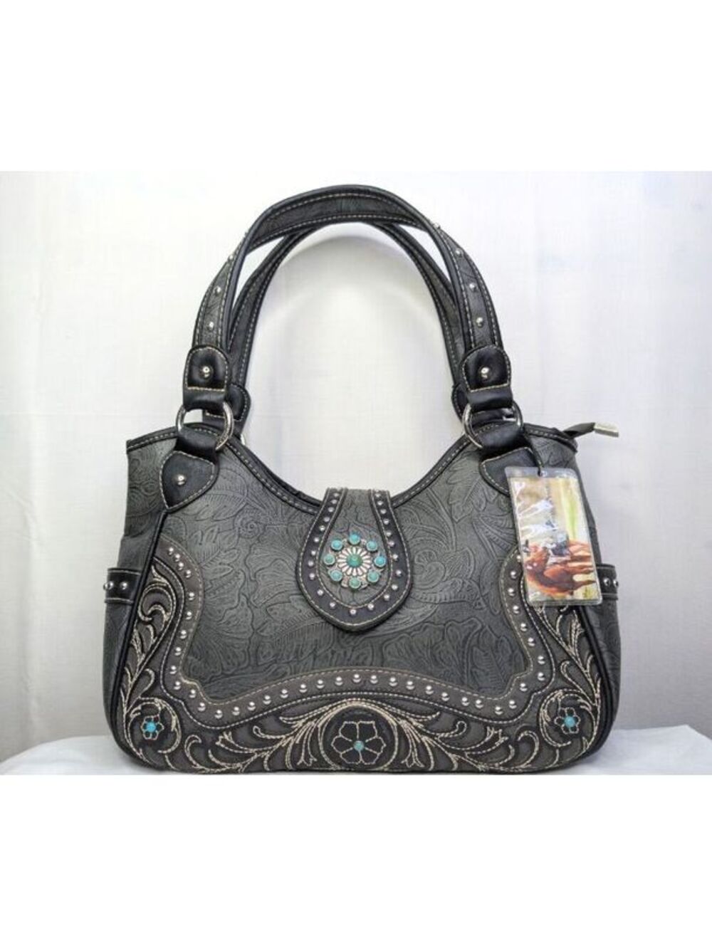Montana West Black Embossed Leather Handbag with Turquoise Accents